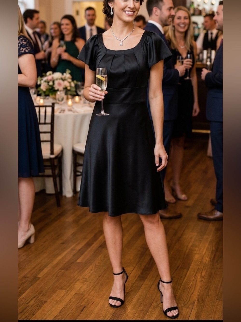 To The Max black satin dress empire waist short sleeve size